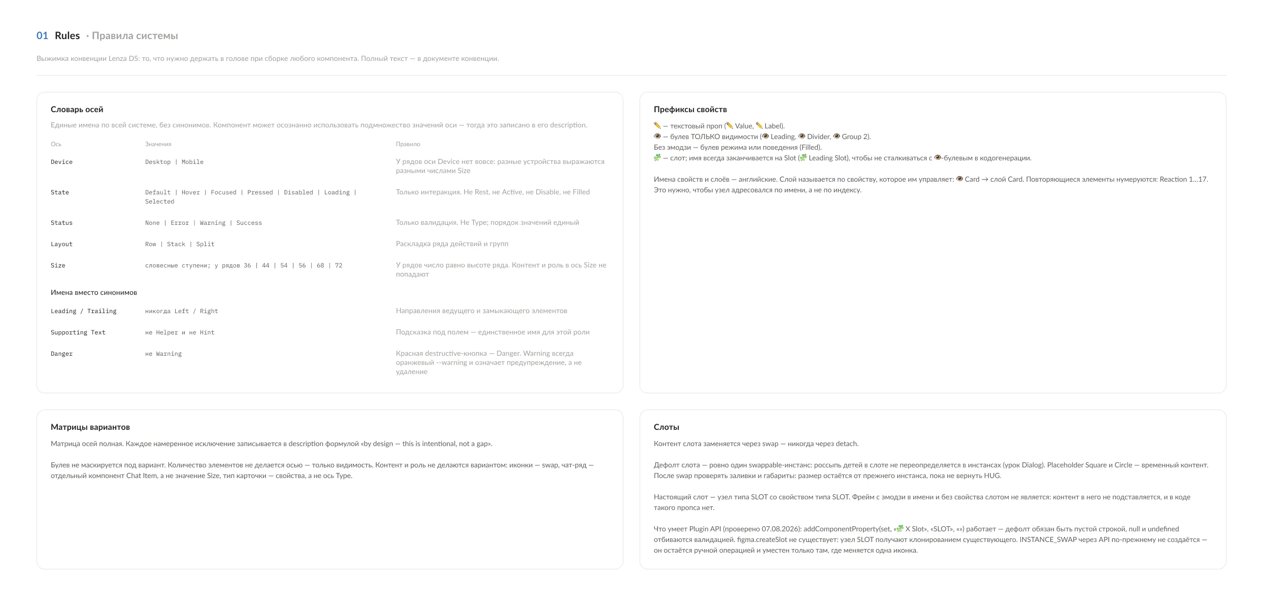 The “System rules” section: axes vocabulary, property prefixes, slots, tokens, typography